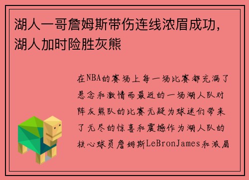 湖人一哥詹姆斯带伤连线浓眉成功，湖人加时险胜灰熊