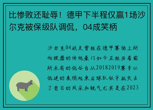 比惨败还耻辱！德甲下半程仅赢1场沙尔克被保级队调侃，04成笑柄