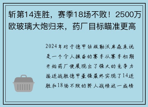 斩第14连胜，赛季18场不败！2500万欧玻璃大炮归来，药厂目标瞄准更高