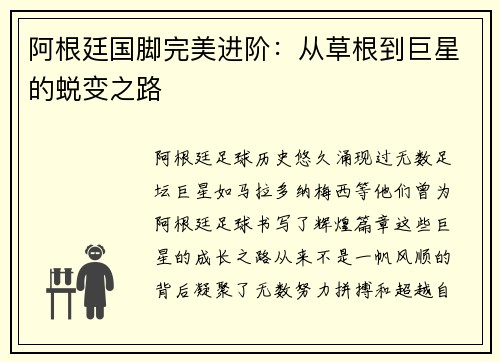 阿根廷国脚完美进阶：从草根到巨星的蜕变之路