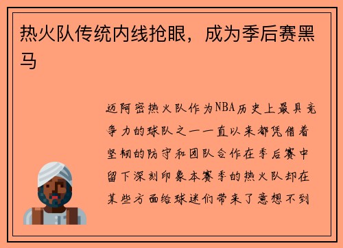 热火队传统内线抢眼，成为季后赛黑马