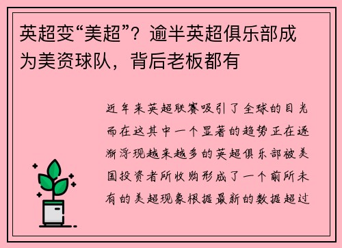 英超变“美超”？逾半英超俱乐部成为美资球队，背后老板都有
