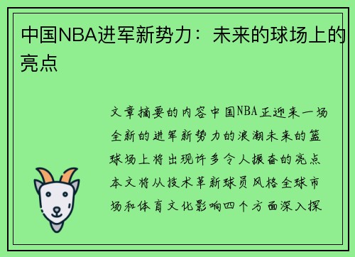 中国NBA进军新势力：未来的球场上的亮点