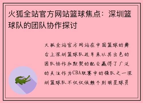 火狐全站官方网站篮球焦点：深圳篮球队的团队协作探讨